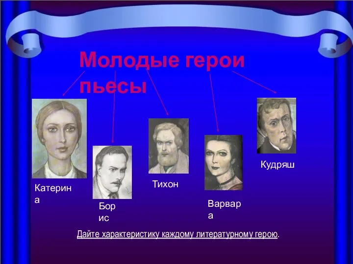 Молодые герои пьесы Катерина Борис Тихон Варвара Кудряш Дайте характеристику каждому литературному герою.