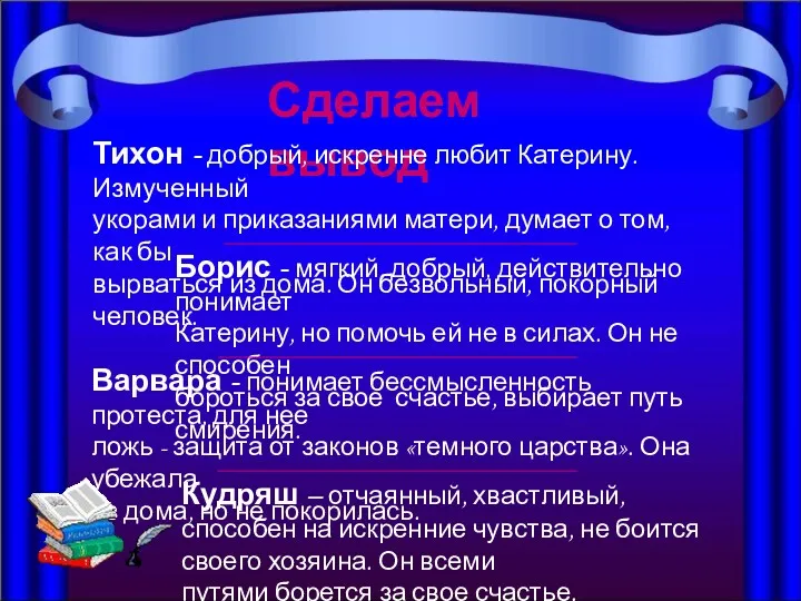 Сделаем вывод Тихон - добрый, искренне любит Катерину. Измученный укорами