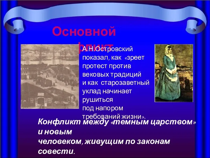 Основной конфликт А.Н.Островский показал, как «зреет протест против вековых традиций