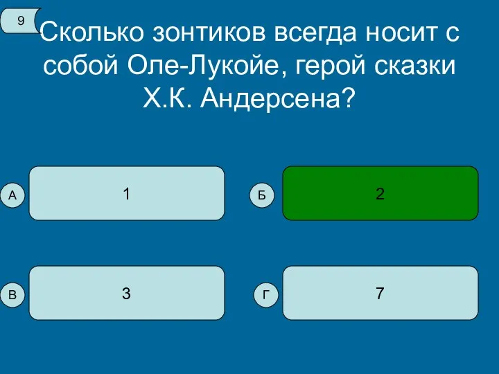 Сколько зонтиков всегда носит с собой Оле-Лукойе, герой сказки Х.К. Андерсена? 1 7