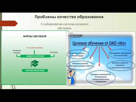 Проблемы качества образования Слаборазвитая система целевого обучения.