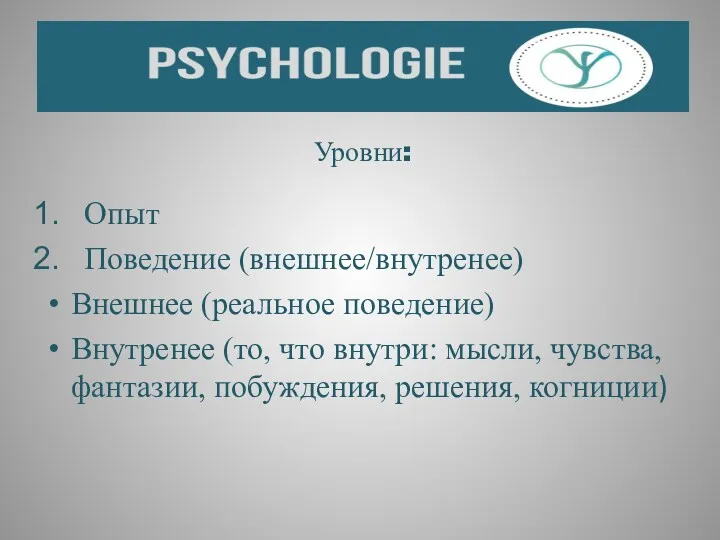 Уровни: Опыт Поведение (внешнее/внутренее) Внешнее (реальное поведение) Внутренее (то, что