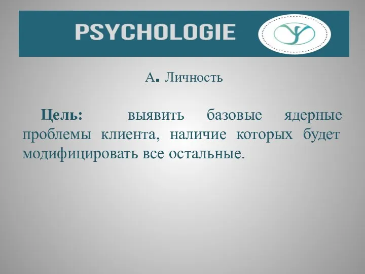 А. Личность Цель: выявить базовые ядерные проблемы клиента, наличие которых будет модифицировать все остальные.