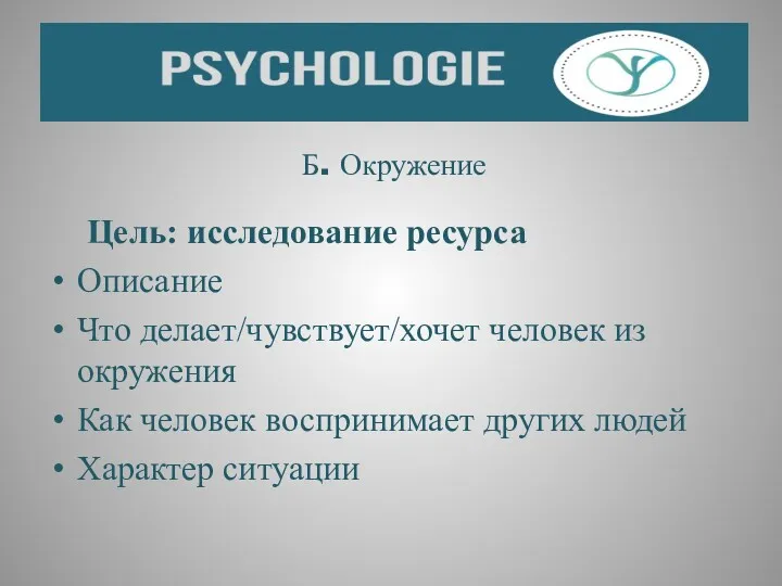 Б. Окружение Цель: исследование ресурса Описание Что делает/чувствует/хочет человек из