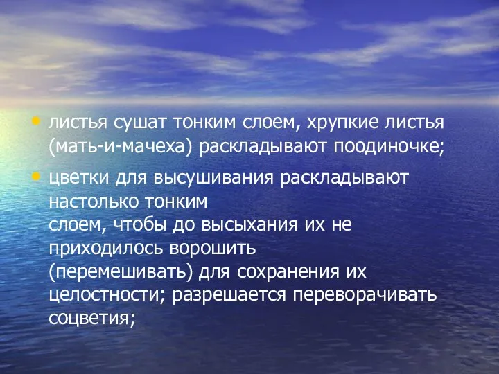 листья сушат тонким слоем, хрупкие листья (мать-и-мачеха) раскладывают поодиночке; цветки для высушивания раскладывают