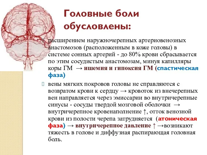 Головные боли обусловлены: расширением наружночерепных артериовенозных анастомозов (расположенным в коже