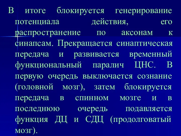 В итоге блокируется генерирование потенциала действия, его распространение по аксонам