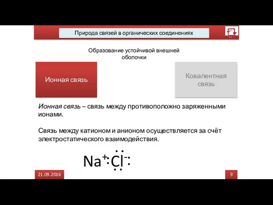 9 21.09.2016 Природа связей в органических соединениях Образование устойчивой внешней