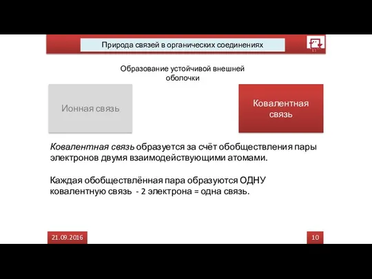 10 21.09.2016 Природа связей в органических соединениях Образование устойчивой внешней