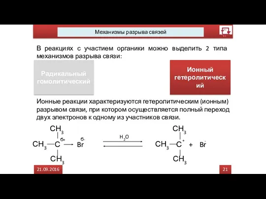 21 21.09.2016 Механизмы разрыва связей В реакциях с участием органики