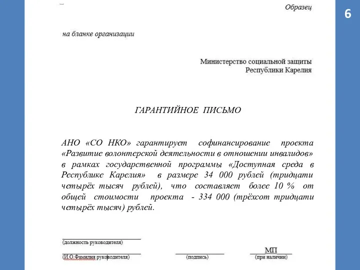 ГАРАНТИЙНОЕ ПИСЬМО АНО «СО НКО» гарантирует софинансирование проекта «Развитие волонтерской