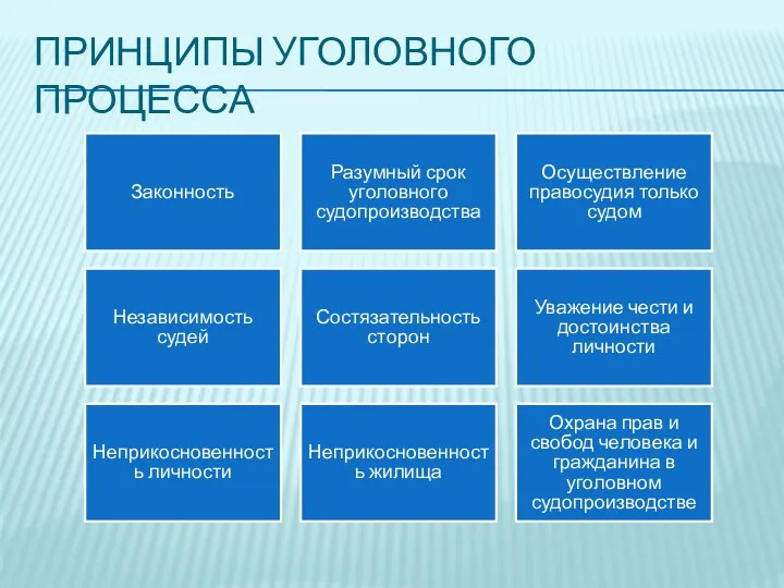 ПРИНЦИПЫ УГОЛОВНОГО ПРОЦЕССА Законность Разумный срок уголовного судопроизводства Осуществление правосудия