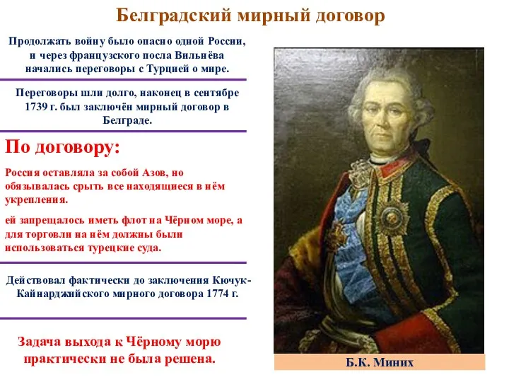 Белградский мирный договор Задача выхода к Чёрному морю практически не