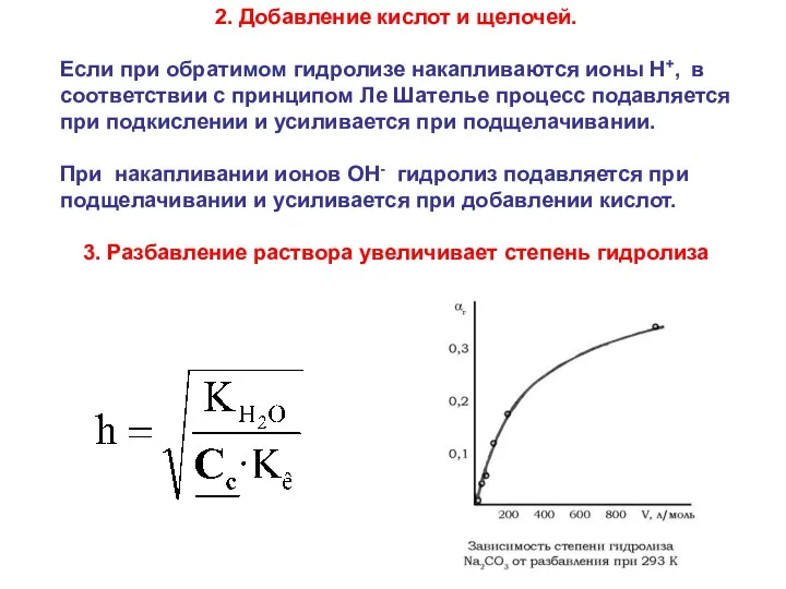 2. Добавление кислот и щелочей. Если при обратимом гидролизе накапливаются