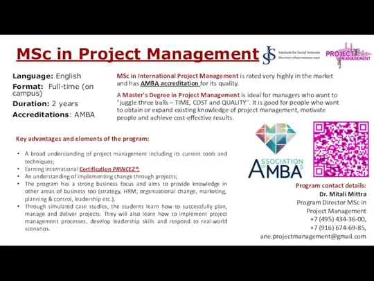 MSc in Project Management Language: English Format: Full-time (on campus)