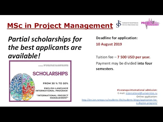 MSc in Project Management Partial scholarships for the best applicants