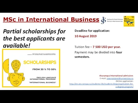 MSc in International Business Partial scholarships for the best applicants