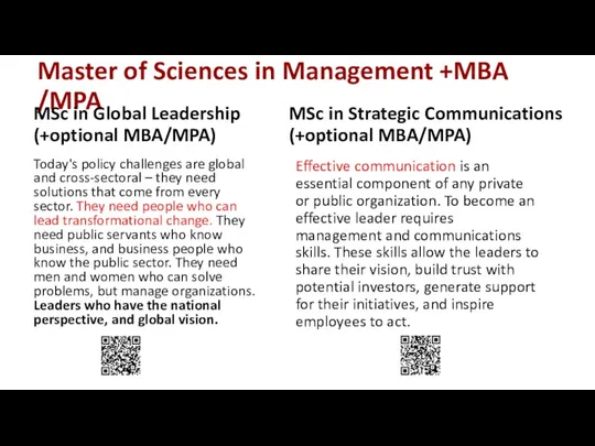 Master of Sciences in Management +MBA /MPA MSc in Global