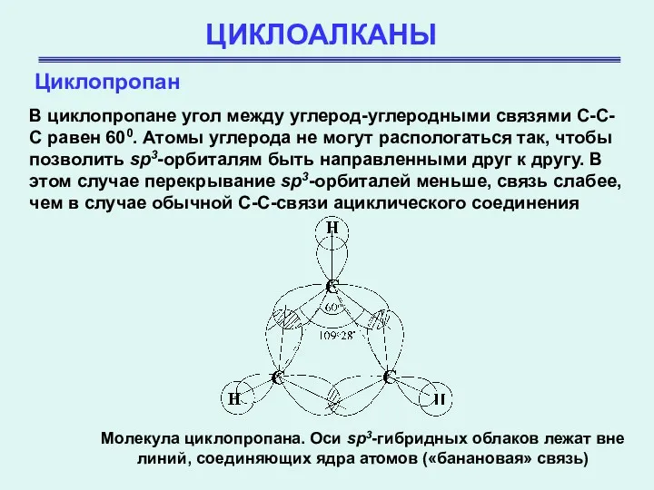 ЦИКЛОАЛКАНЫ Циклопропан В циклопропане угол между углерод-углеродными связями С-С-С равен