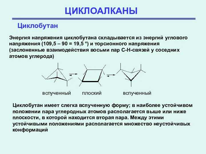 ЦИКЛОАЛКАНЫ Циклобутан Энергия напряжения циклобутана складывается из энергий углового напряжения