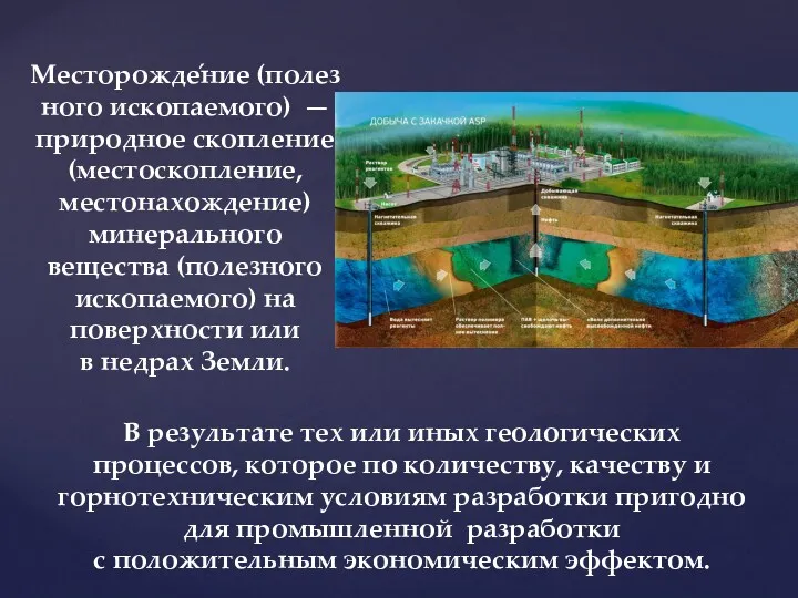 Месторожде́ние (полезного ископаемого) — природное скопление (местоскопление, местонахождение) минерального вещества