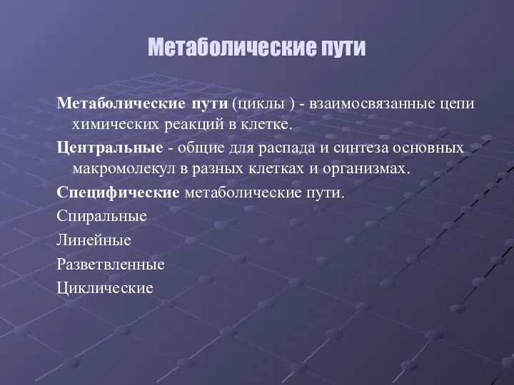 Метаболические пути Метаболические пути (циклы ) - взаимосвязанные цепи химических