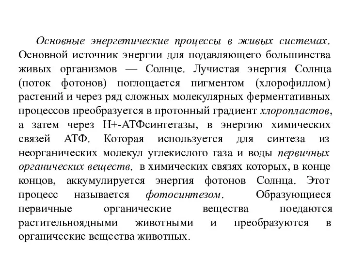 Основные энергетические процессы в живых системах. Основной источник энергии для