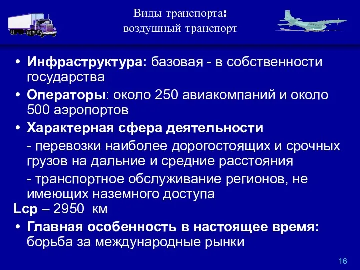 Виды транспорта: воздушный транспорт Инфраструктура: базовая - в собственности государства Операторы: около 250
