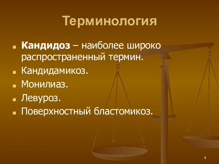 Терминология Кандидоз – наиболее широко распространенный термин. Кандидамикоз. Монилиаз. Левуроз. Поверхностный бластомикоз.