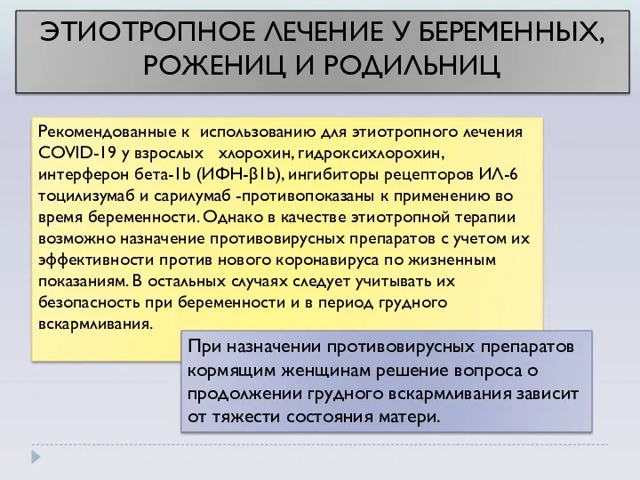 Рекомендованные к использованию для этиотропного лечения COVID-19 у взрослых хлорохин,