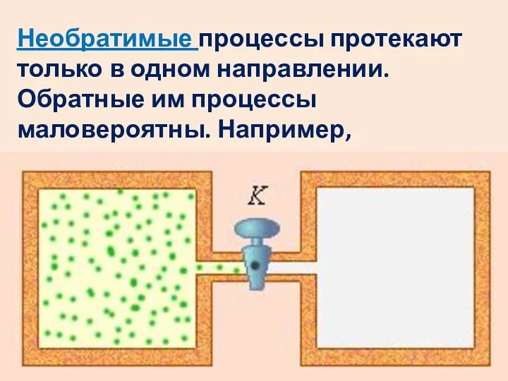 Необратимые процессы протекают только в одном направлении. Обратные им процессы маловероятны. Например, расширение газа в пустоту.