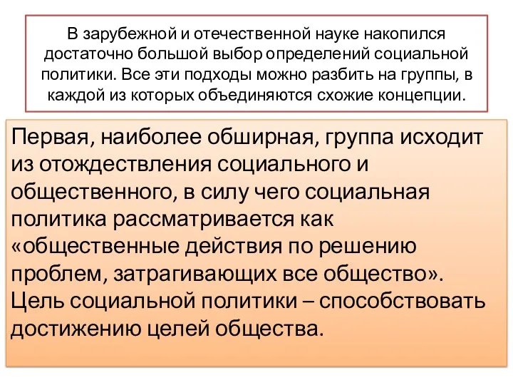 В зарубежной и отечественной науке накопился достаточно большой выбор определений социальной политики. Все