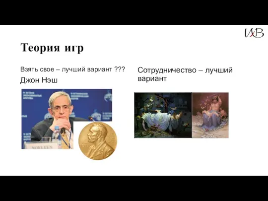 Теория игр Взять свое – лучший вариант ??? Джон Нэш Сотрудничество – лучший вариант