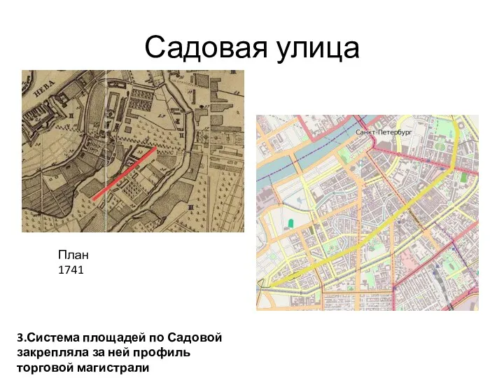 Садовая улица 3.Система площадей по Садовой закрепляла за ней профиль торговой магистрали План 1741