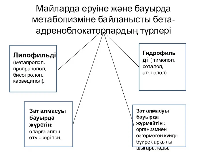 Майларда еруіне және бауырда метаболизміне байланысты бета- адреноблокаторлардың түрлері Липофильді