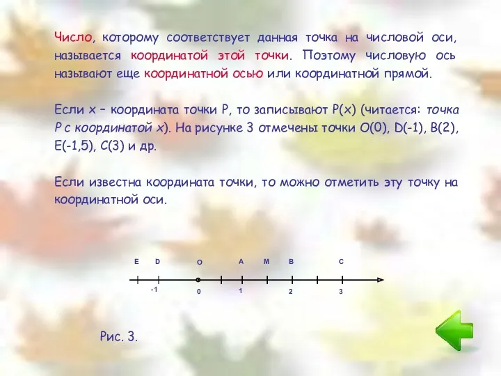 Число, которому соответствует данная точка на числовой оси, называется координатой