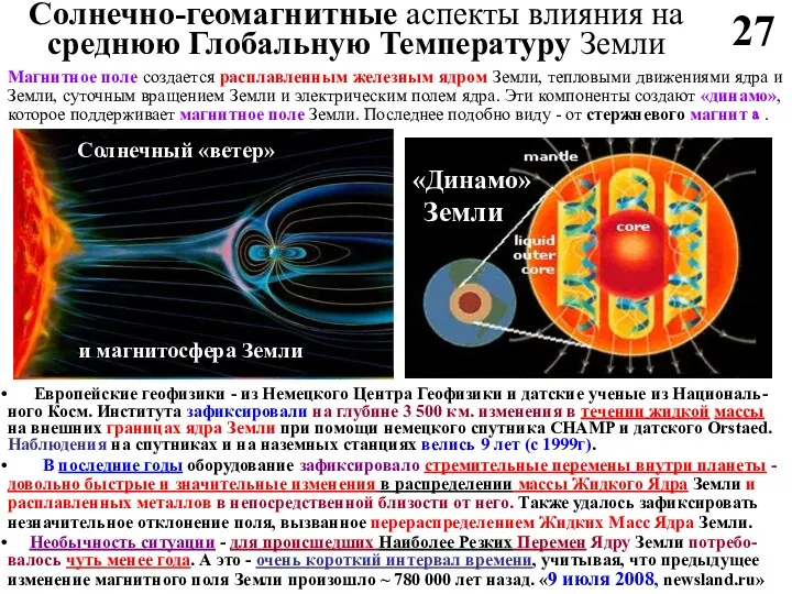 Солнечно-геомагнитные аспекты влияния на среднюю Глобальную Температуру Земли 27 Магнитное