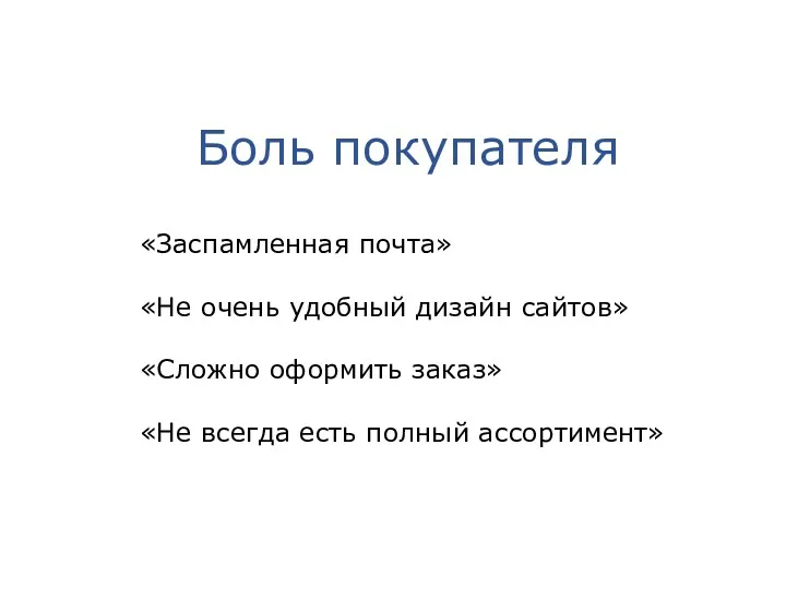 Боль покупателя «Заспамленная почта» «Не очень удобный дизайн сайтов» «Сложно