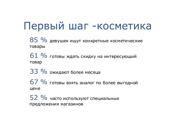 Первый шаг -косметика 85 % девушек ищут конкретные косметические товары