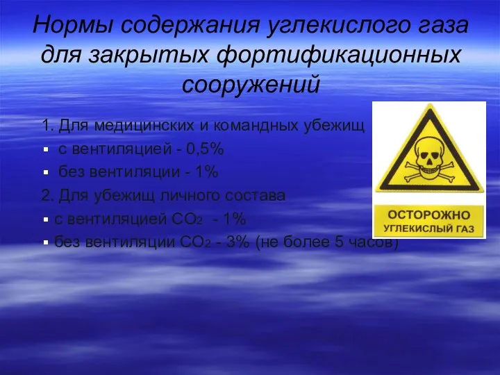 Нормы содержания углекислого газа для закрытых фортификационных сооружений 1. Для