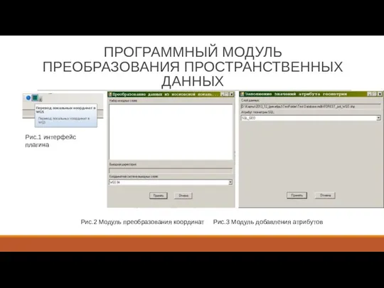 ПРОГРАММНЫЙ МОДУЛЬ ПРЕОБРАЗОВАНИЯ ПРОСТРАНСТВЕННЫХ ДАННЫХ Рис.2 Модуль преобразования координат Рис.3 Модуль добавления атрибутов Рис.1 интерфейс плагина