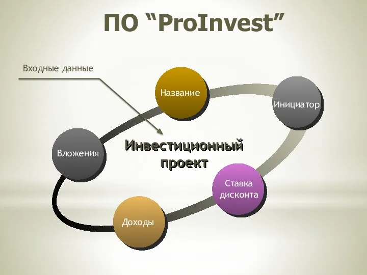 Инвестиционный проект ПО “ProInvest” Входные данные Название Инициатор Ставка дисконта Доходы Вложения