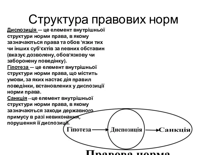 Структура правових норм Диспозиція — це елемент внутрішньої структури норми