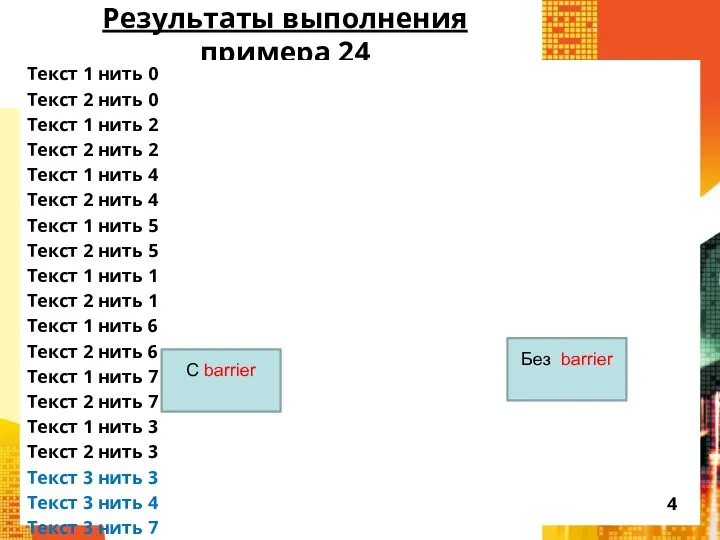 Результаты выполнения примера 24 Текст 1 нить 0 Текст 2