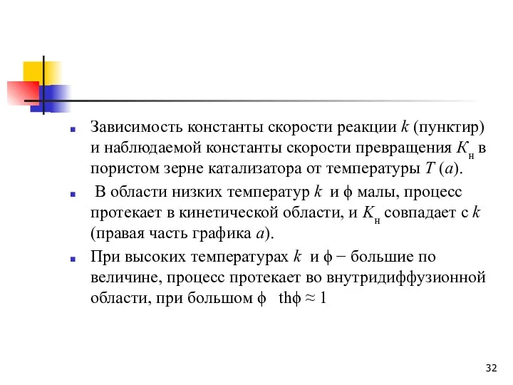 Зависимость константы скорости реакции k (пунктир) и наблюдаемой константы скорости