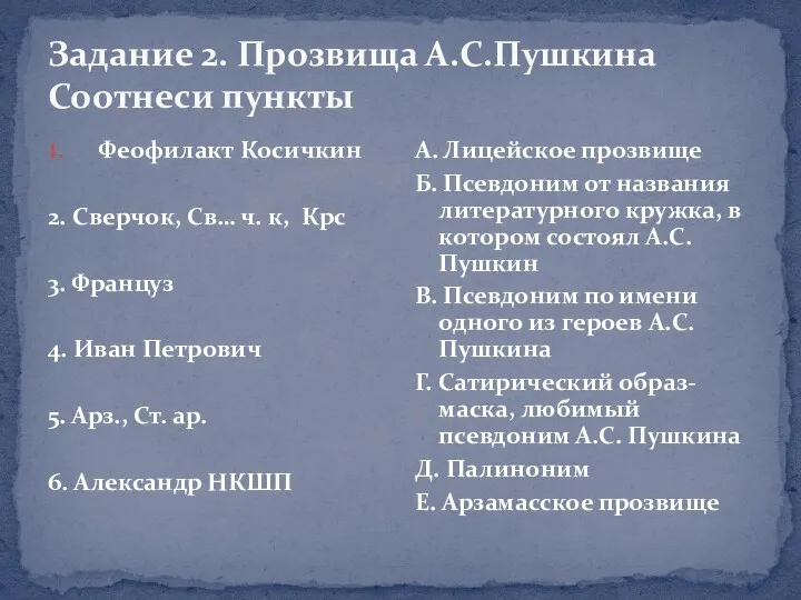 Задание 2. Прозвища А.С.Пушкина Соотнеси пункты Феофилакт Косичкин 2. Сверчок,