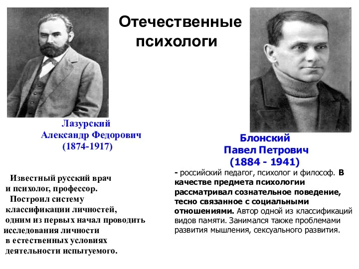 Отечественные психологи Лазурский Александр Федорович (1874-1917) Известный русский врач и