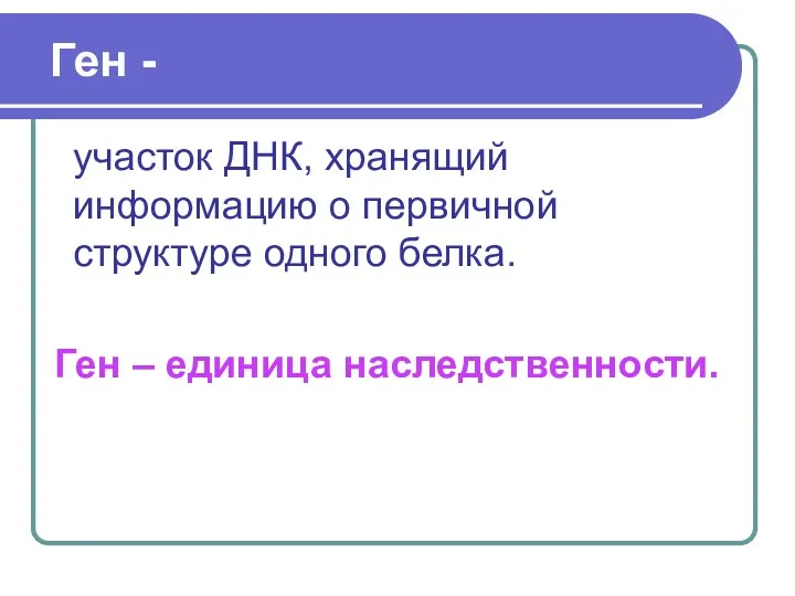 Ген - участок ДНК, хранящий информацию о первичной структуре одного белка. Ген – единица наследственности.