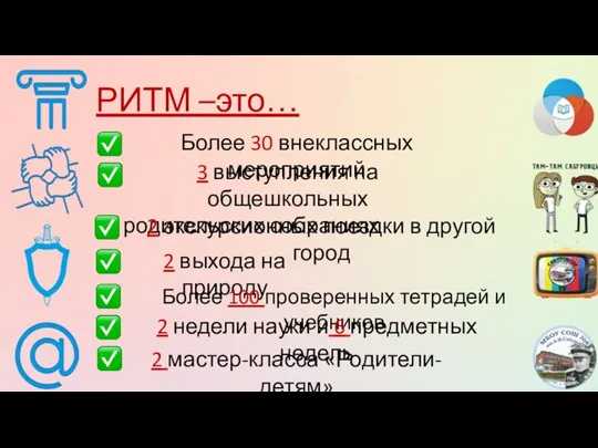 РИТМ –это… Более 30 внеклассных мероприятий 3 выступления на общешкольных