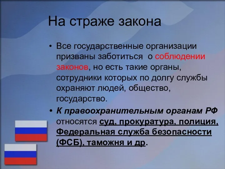 На страже закона Все государственные организации призваны заботиться о соблюдении